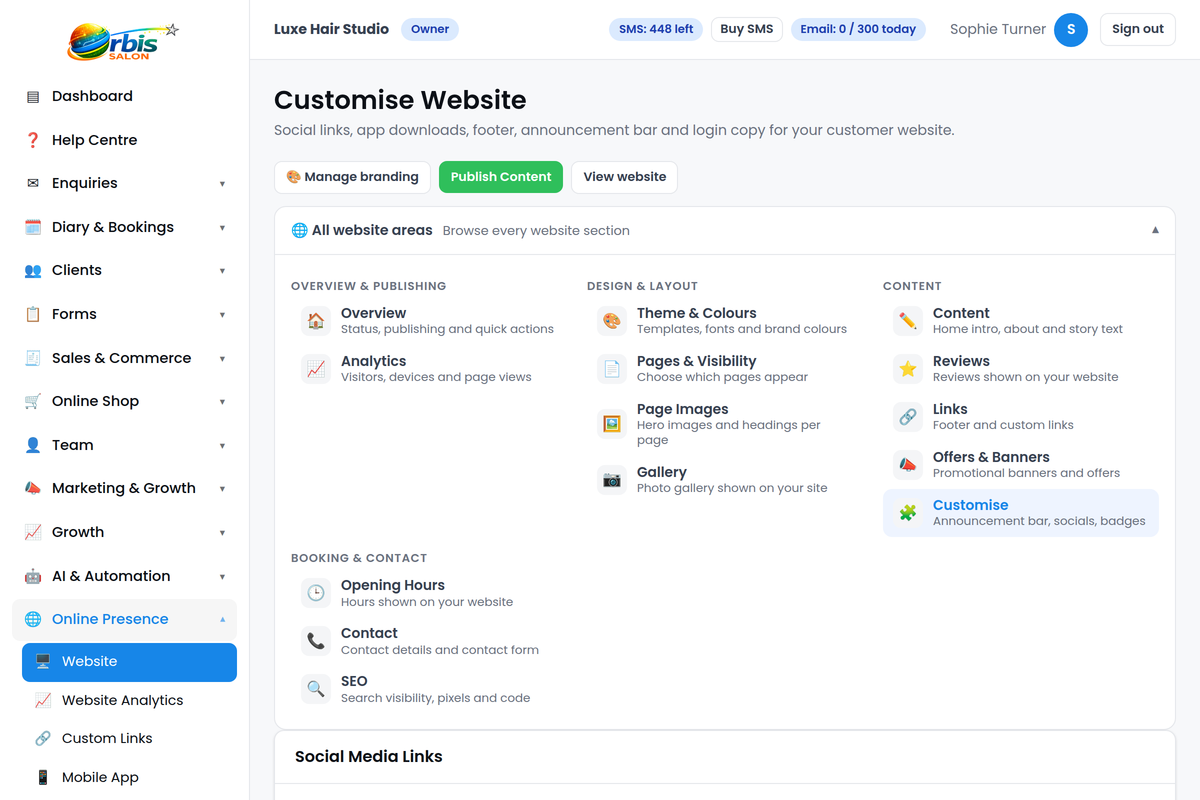 Orbis Salon website editor with theme, content and publishing controls.