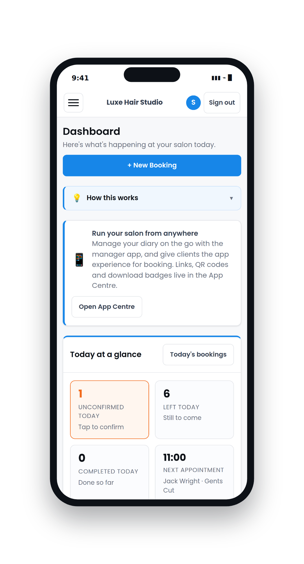 Orbis Salon Manager app shown on iPhone with salon diary and dashboard tools.