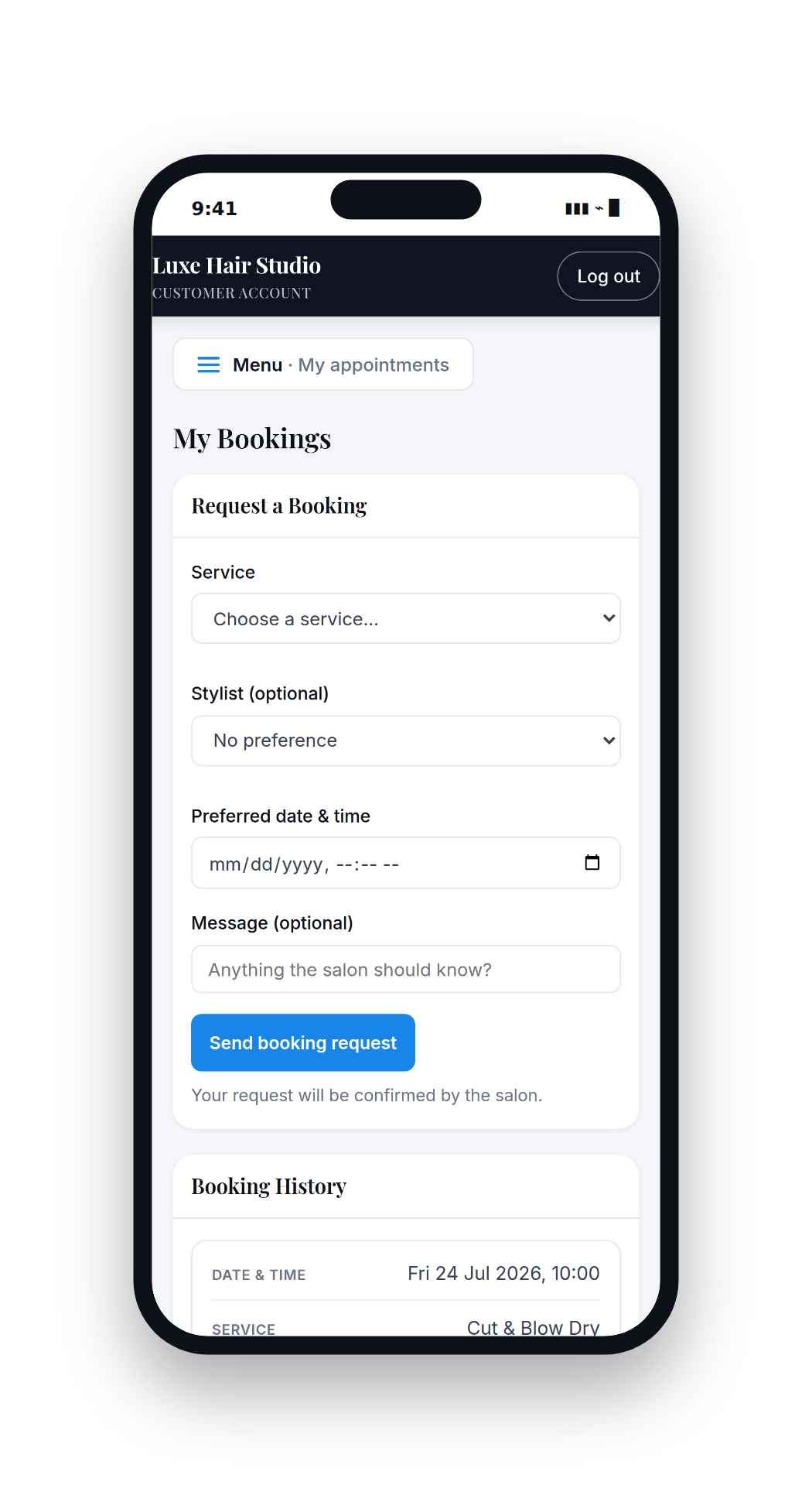 Orbis Salon Client app shown on iPhone with customer appointments, forms and aftercare.