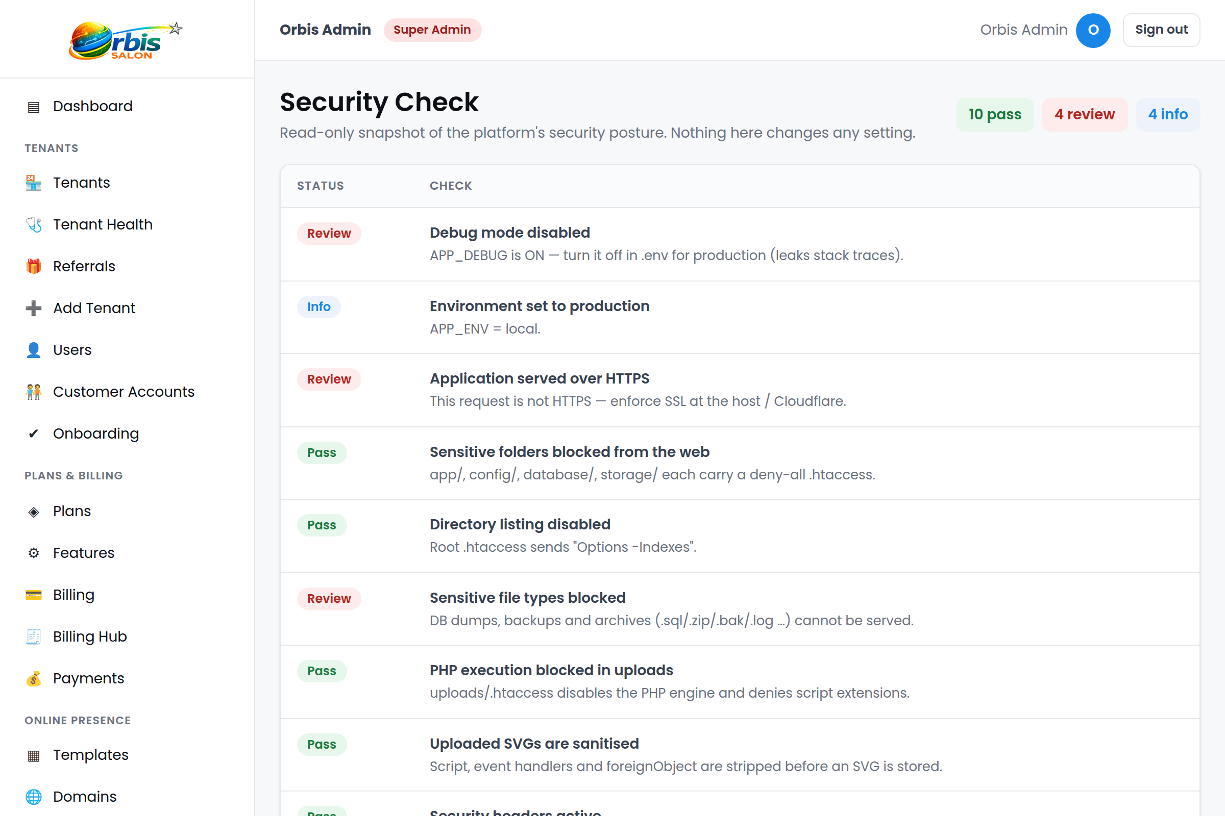 Orbis Salon security check screen with passing platform safeguards.