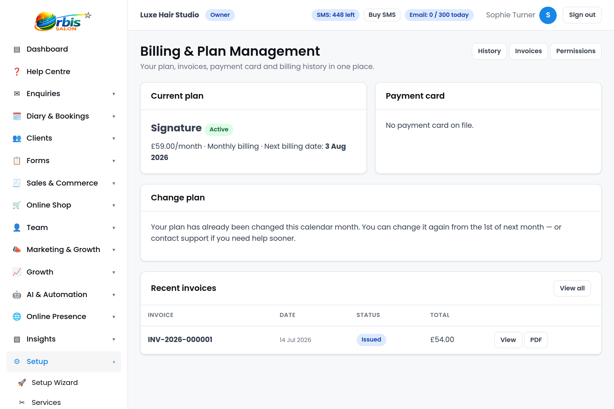 Orbis Salon billing hub with current plan and invoices.