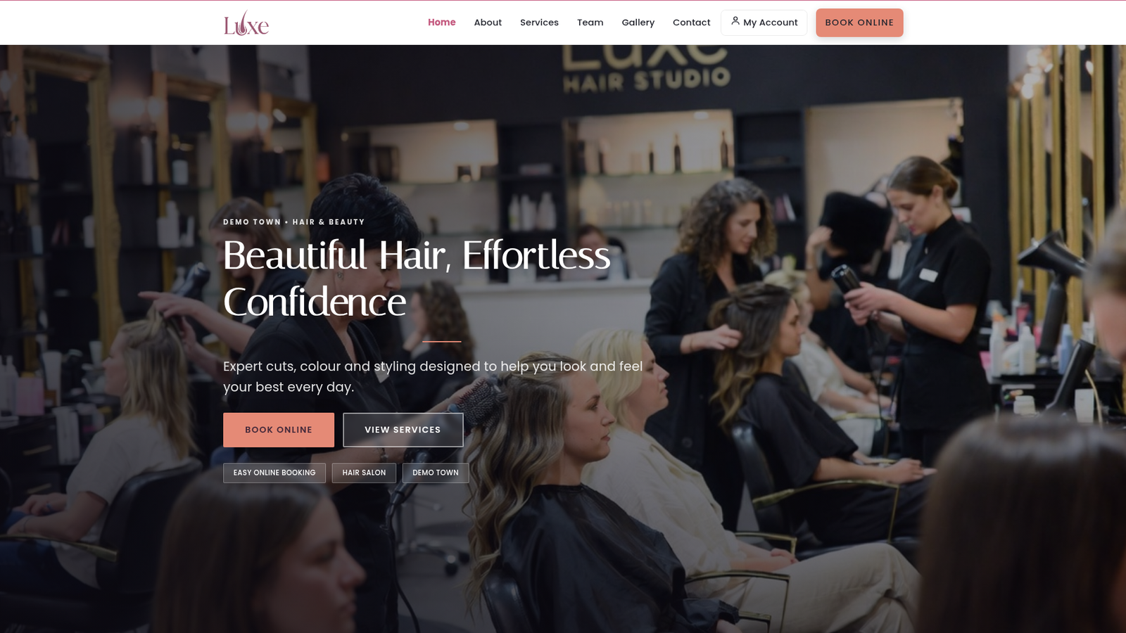 Luxe Hair Studio demo website homepage with online booking.