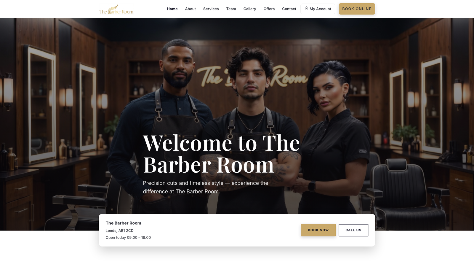 The Barber Room demo website homepage with online booking.