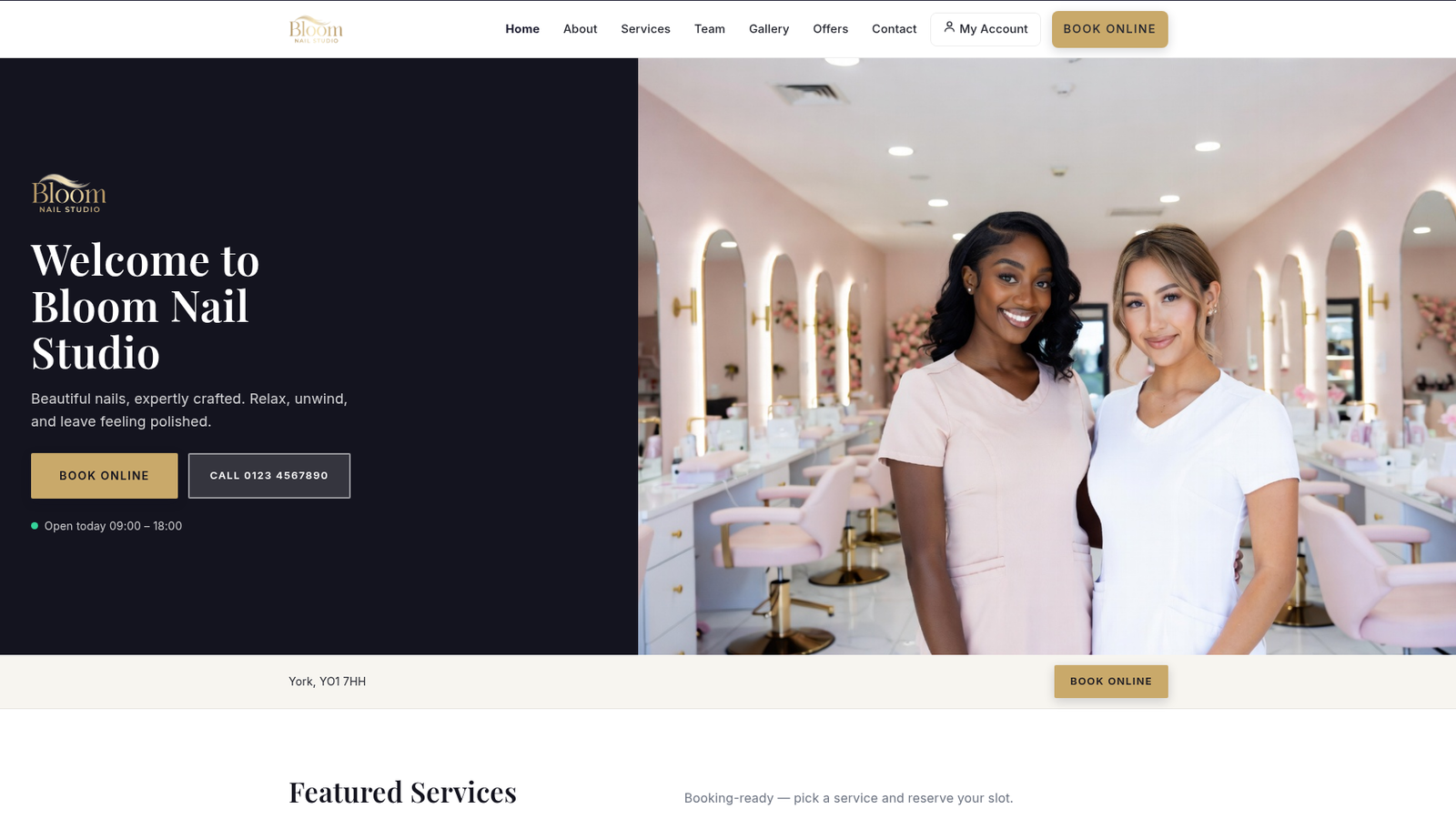 Bloom Nail Studio demo website homepage with online booking.