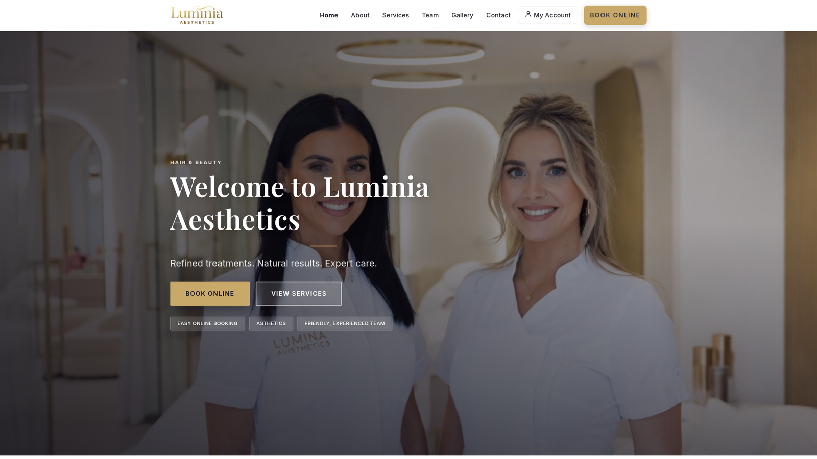 Luminia Aesthetics demo website homepage with online booking.